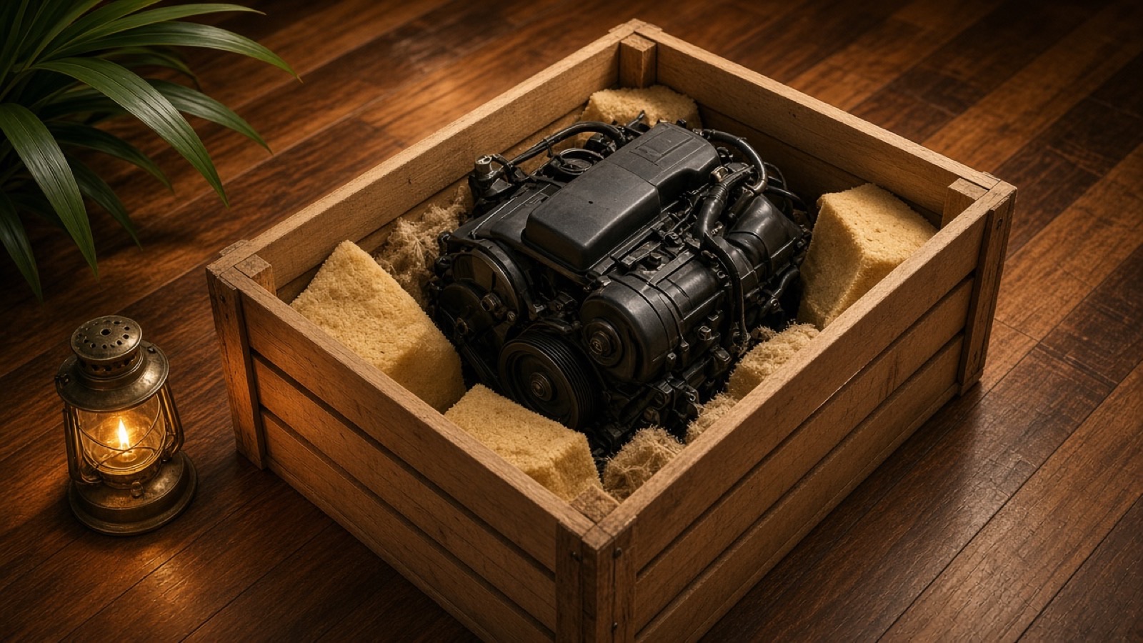 A used BMW engine packed in a strong wooden crate