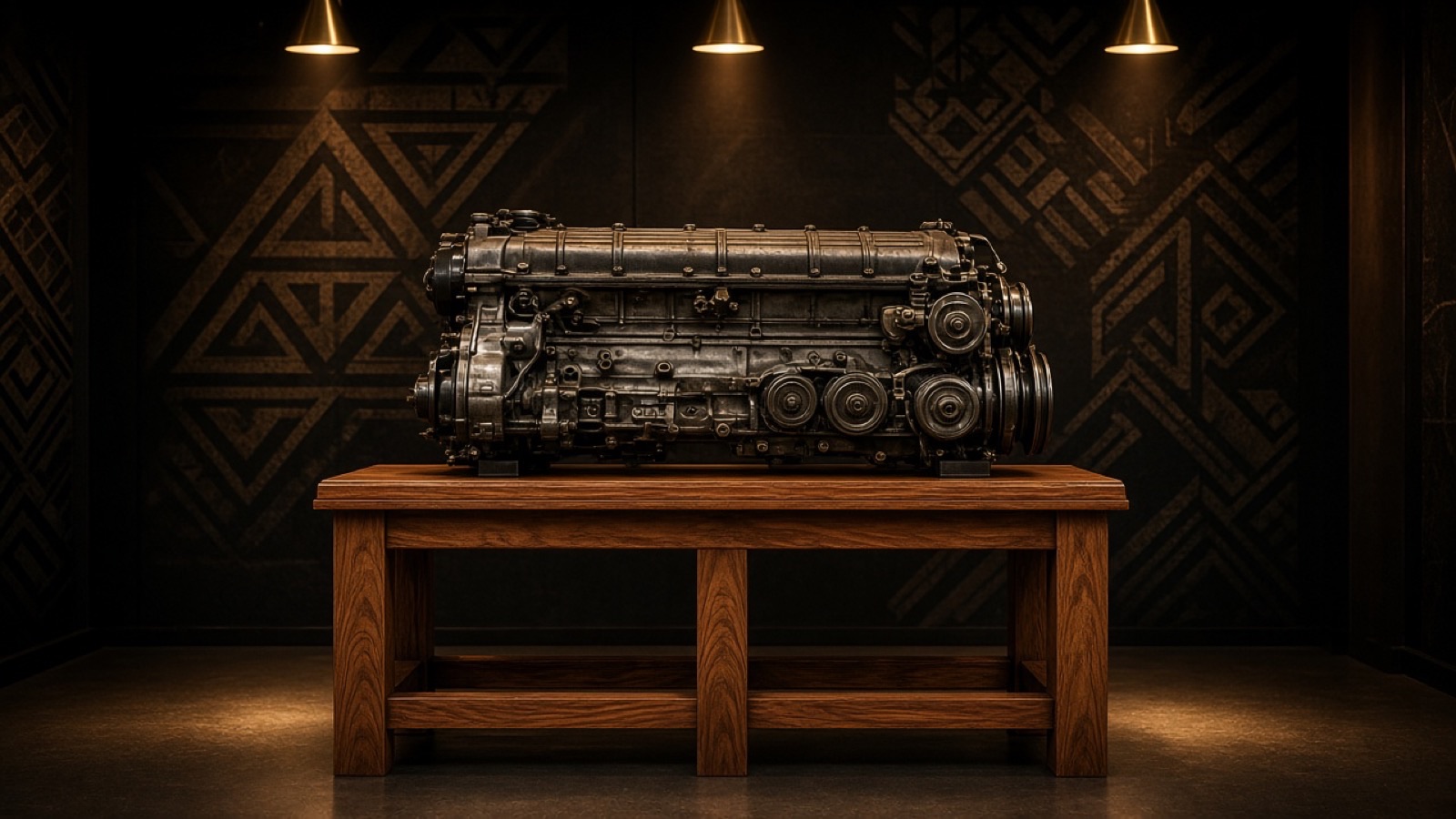 Inline-six on a dark bench