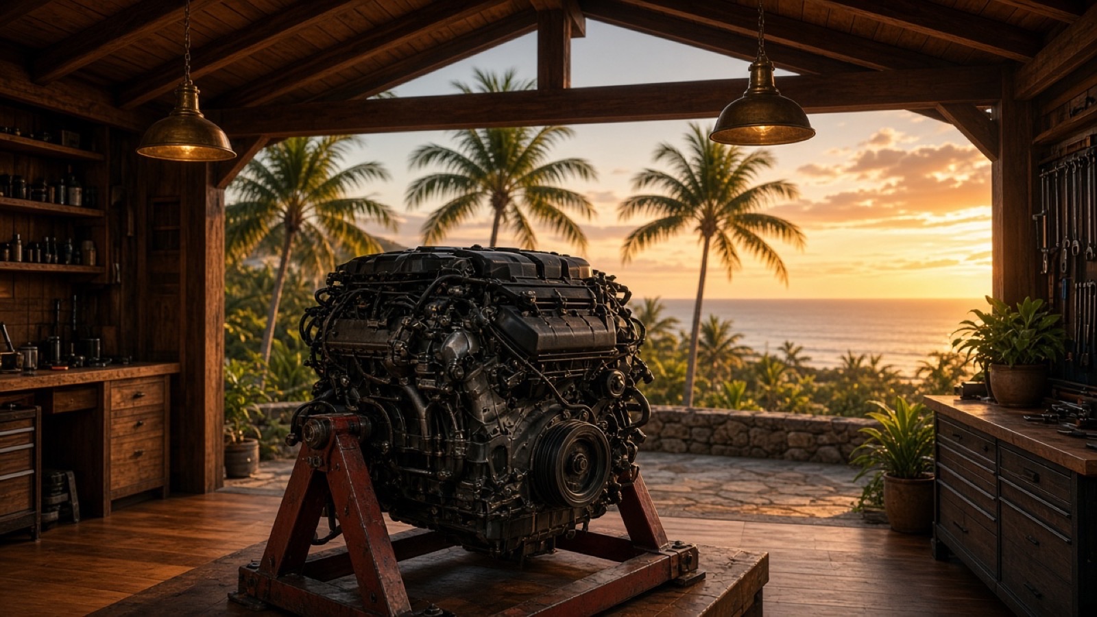 A used BMW engine on a stand in an open-air workshop